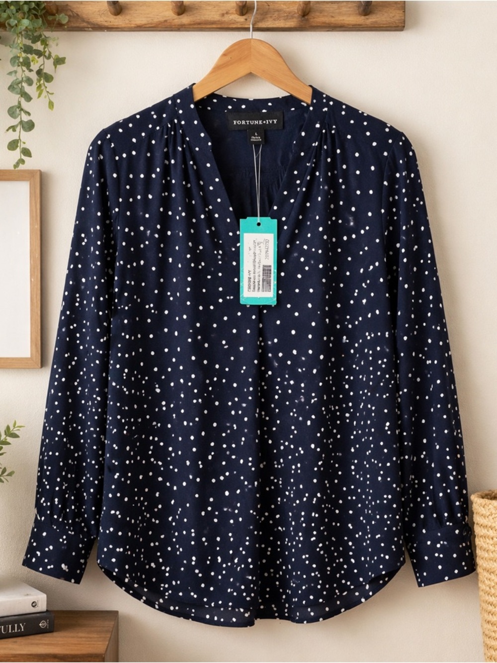 Fortune + Ivy Navy Polka Dot Blouse NWT Size L Stitch Fix Top